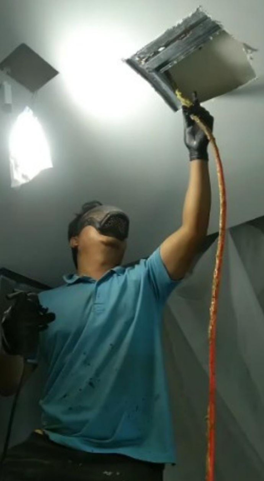 PU injection through an opening in the ceiling.