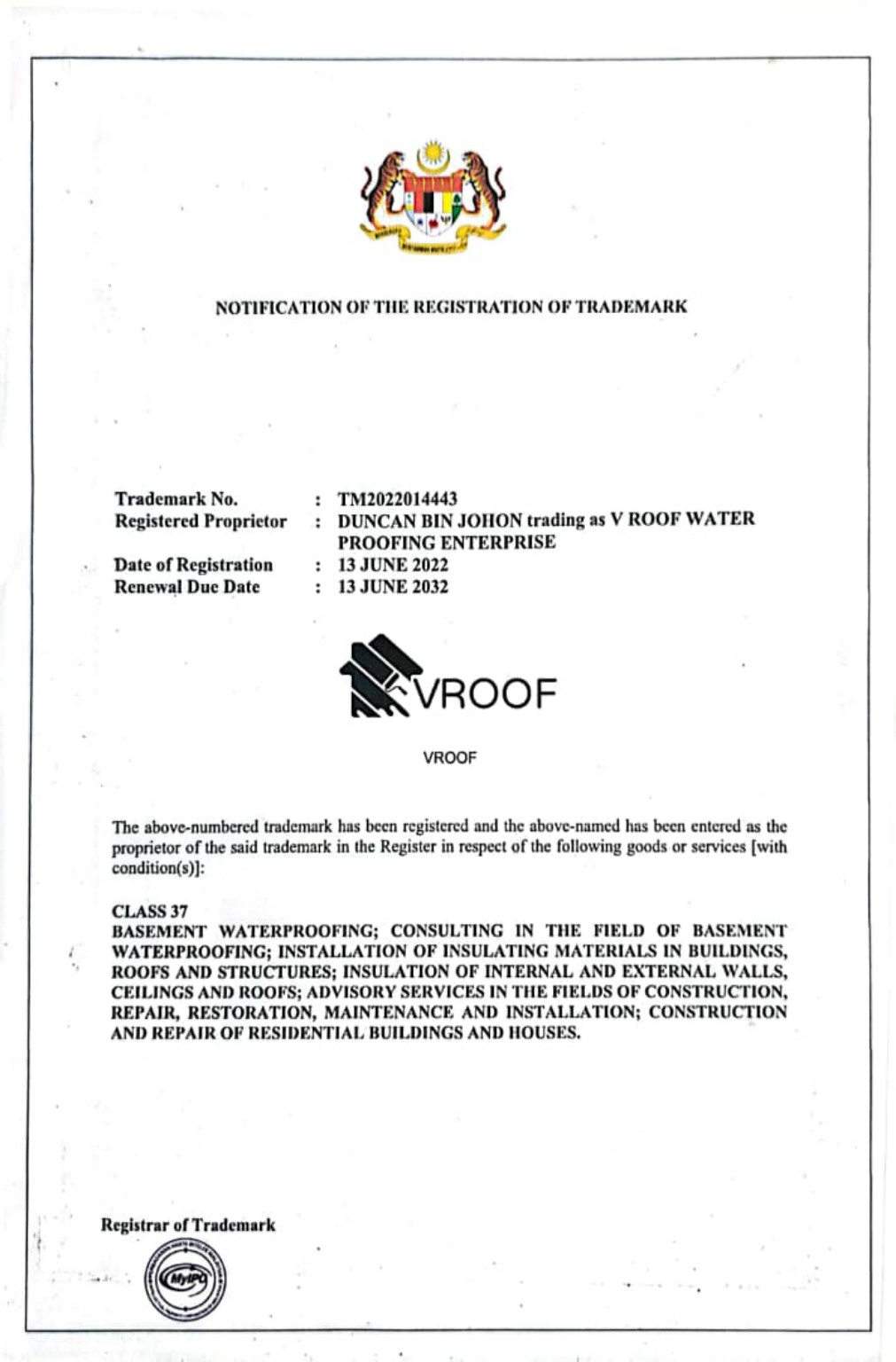 Notification of the Registration of Trademark for VROOF, TM2022014443, Class 37